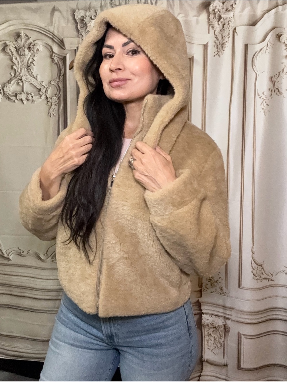 Angel Wings Hooded Teddy Jacket – Camel/Tan